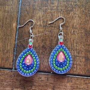 Colorful Teardrop Dangle Earrings with Pink Center